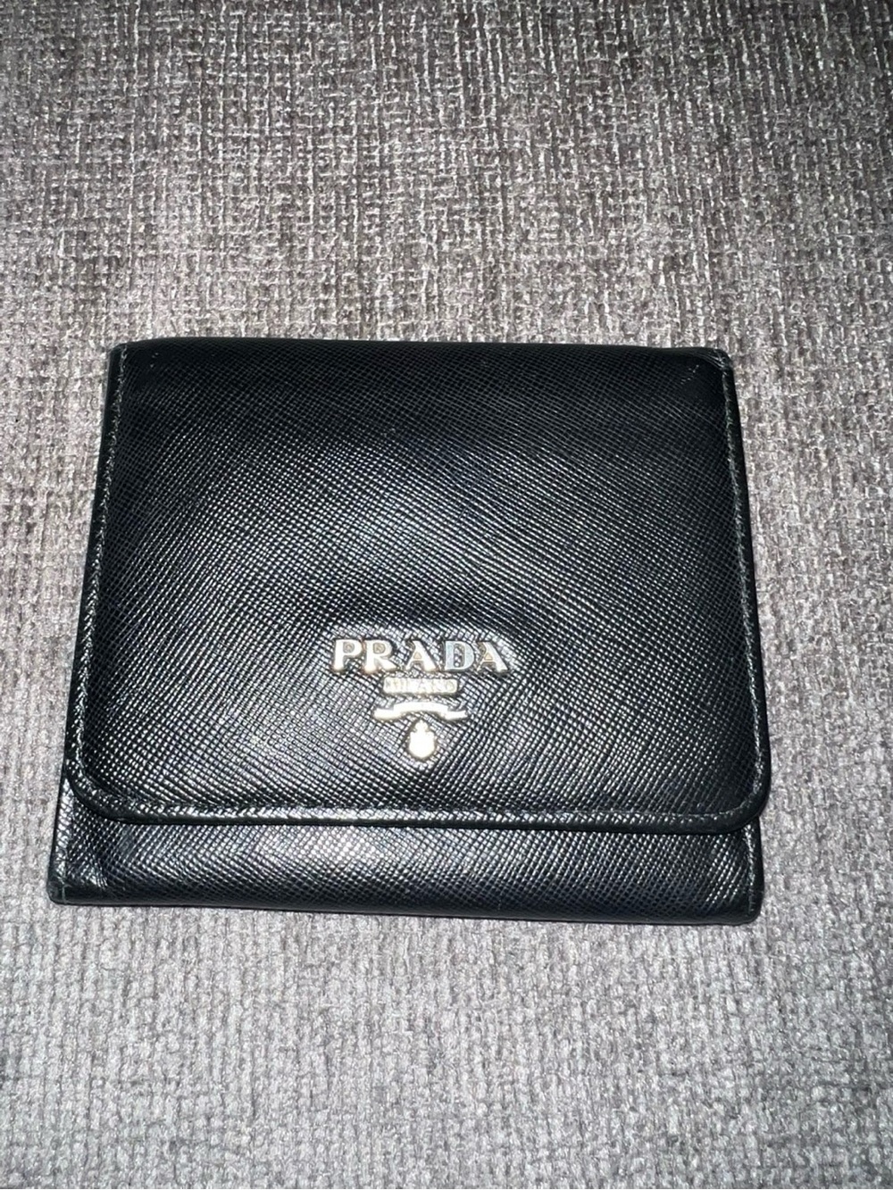 Prada Black Leather Tri-Fold Wallet with Silver Logo